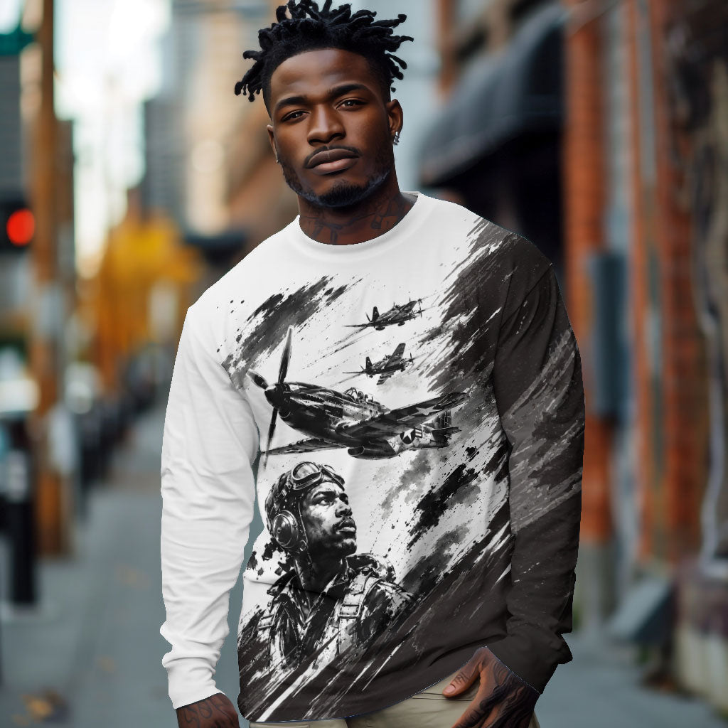 Personalized Tuskegee Airmen Long Sleeve Shirt Black And White Grunge WWII Aviation Art