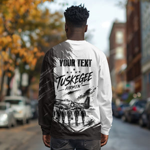 Personalized Tuskegee Airmen Long Sleeve Shirt Black And White Grunge WWII Aviation Art