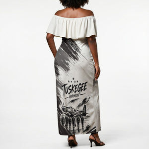 Personalized Tuskegee Airmen Off Shoulder Maxi Dress Black And White Grunge WWII Aviation Art