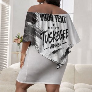 Personalized Tuskegee Airmen Off Shoulder Short Dress Black And White Grunge WWII Aviation Art