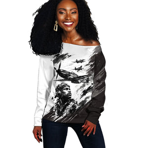 Personalized Tuskegee Airmen Off Shoulder Sweater Black And White Grunge WWII Aviation Art