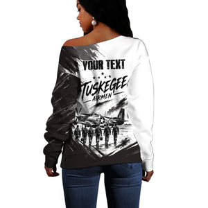 Personalized Tuskegee Airmen Off Shoulder Sweater Black And White Grunge WWII Aviation Art