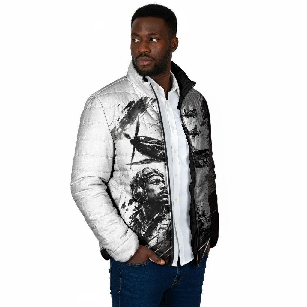 Personalized Tuskegee Airmen Padded Jacket Black And White Grunge WWII Aviation Art