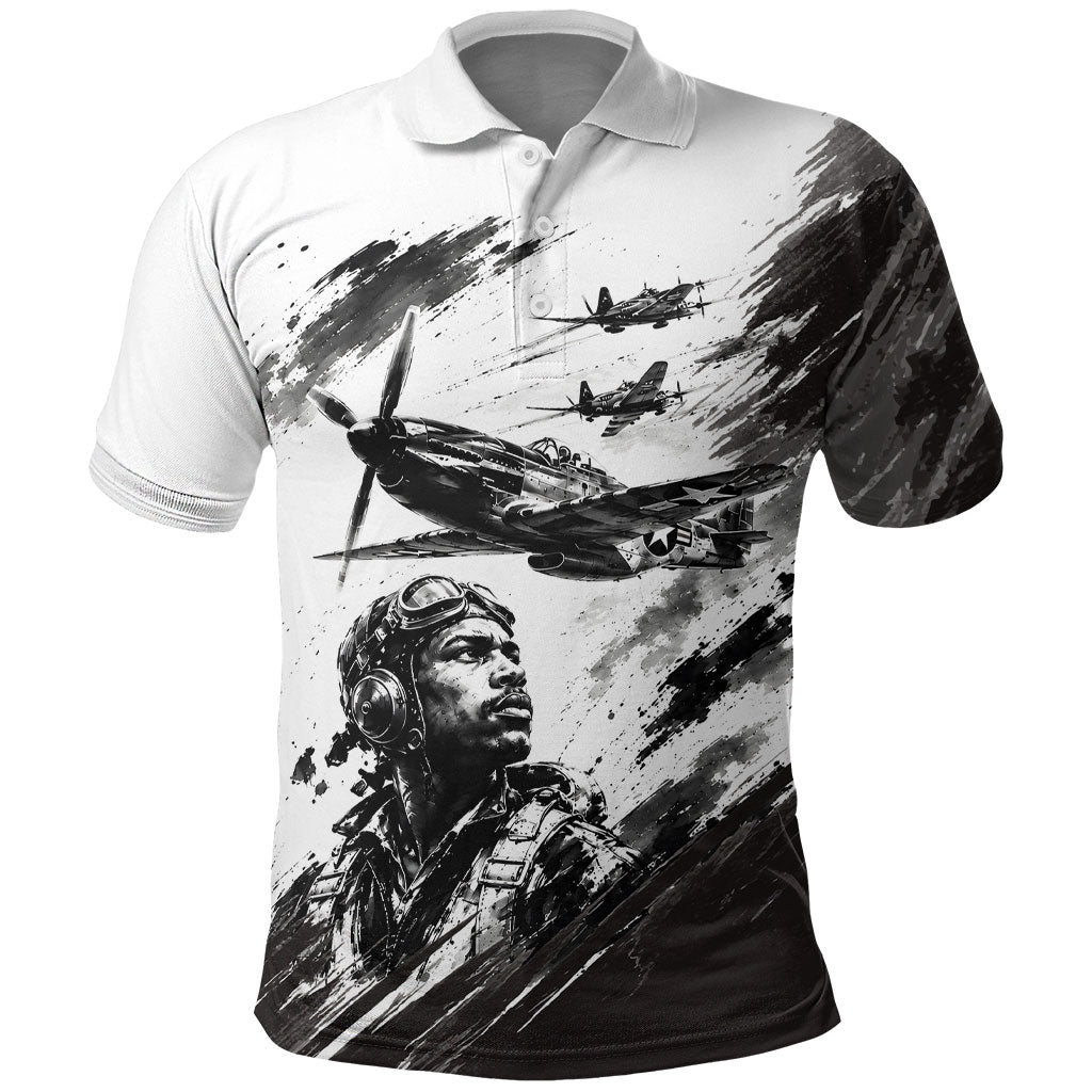Personalized Tuskegee Airmen Polo Shirt Black And White Grunge WWII Aviation Art
