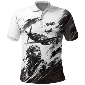 Personalized Tuskegee Airmen Polo Shirt Black And White Grunge WWII Aviation Art