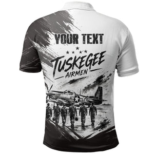 Personalized Tuskegee Airmen Polo Shirt Black And White Grunge WWII Aviation Art
