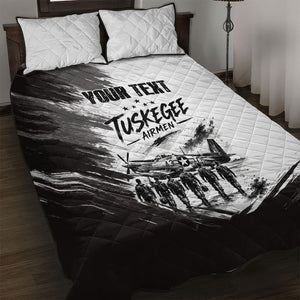 Personalized Tuskegee Airmen Quilt Bed Set Black And White Grunge WWII Aviation Art