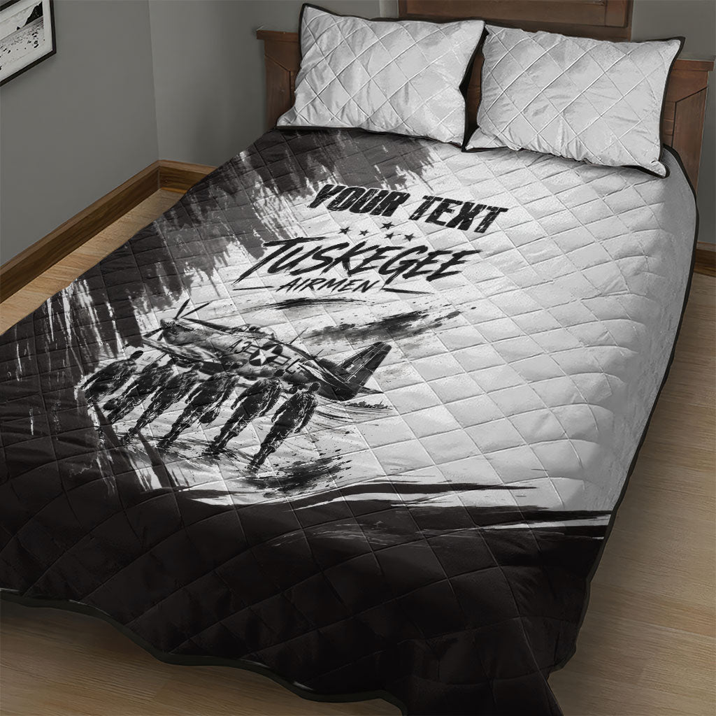Personalized Tuskegee Airmen Quilt Bed Set Black And White Grunge WWII Aviation Art