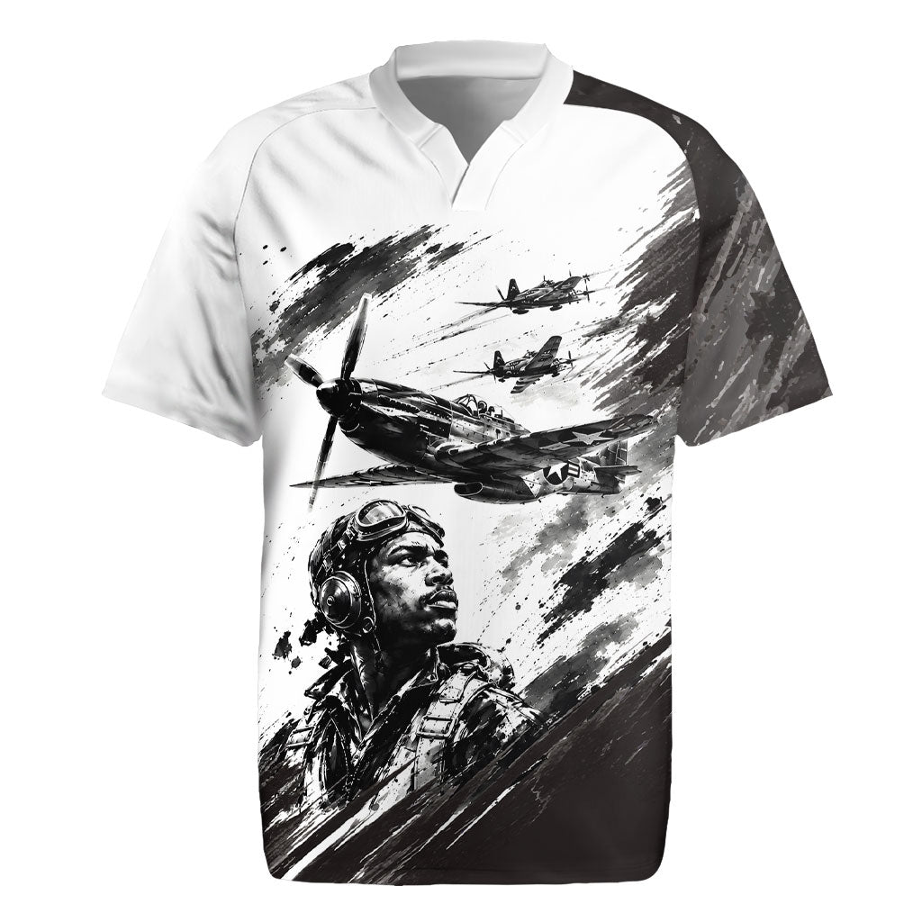Personalized Tuskegee Airmen Rugby Jersey Black And White Grunge WWII Aviation Art