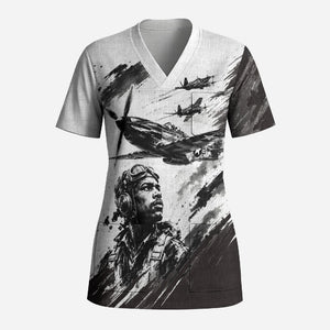 Personalized Tuskegee Airmen Scrub Top Black And White Grunge WWII Aviation Art