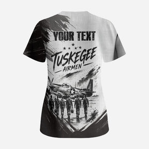 Personalized Tuskegee Airmen Scrub Top Black And White Grunge WWII Aviation Art