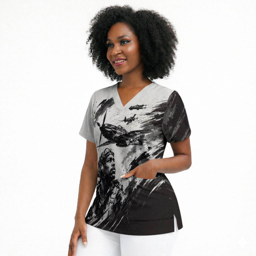 Personalized Tuskegee Airmen Scrub Top Black And White Grunge WWII Aviation Art