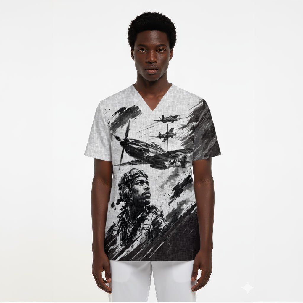 Personalized Tuskegee Airmen Scrub Top Black And White Grunge WWII Aviation Art