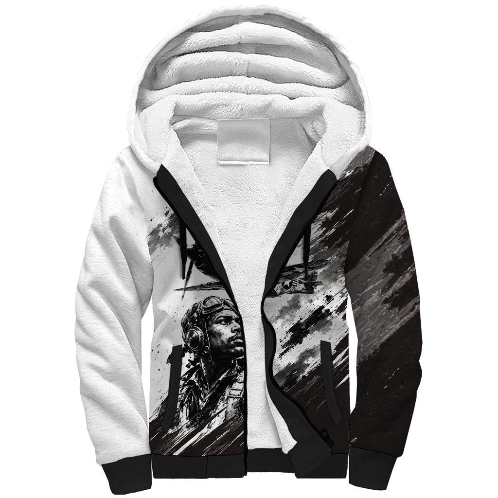Personalized Tuskegee Airmen Sherpa Hoodie Black And White Grunge WWII Aviation Art
