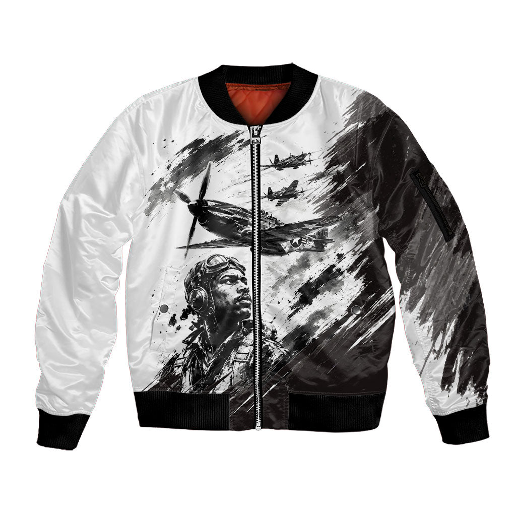 Personalized Tuskegee Airmen Sleeve Zip Bomber Jacket Black And White Grunge WWII Aviation Art