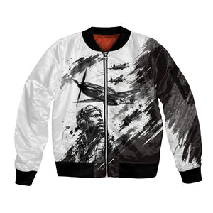 Personalized Tuskegee Airmen Sleeve Zip Bomber Jacket Black And White Grunge WWII Aviation Art