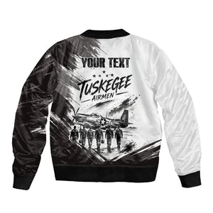 Personalized Tuskegee Airmen Sleeve Zip Bomber Jacket Black And White Grunge WWII Aviation Art