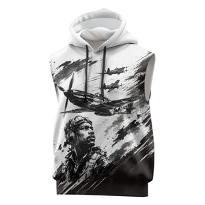 Personalized Tuskegee Airmen Sleeveless Hoodie Black And White Grunge WWII Aviation Art