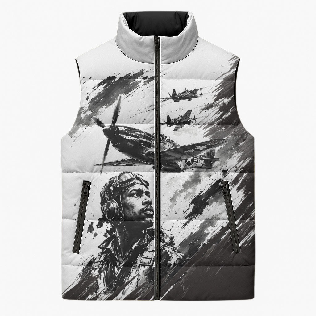 Personalized Tuskegee Airmen Sleeveless Puffer Jacket Black And White Grunge WWII Aviation Art