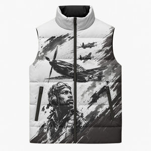 Personalized Tuskegee Airmen Sleeveless Puffer Jacket Black And White Grunge WWII Aviation Art