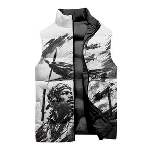 Personalized Tuskegee Airmen Sleeveless Puffer Jacket Black And White Grunge WWII Aviation Art