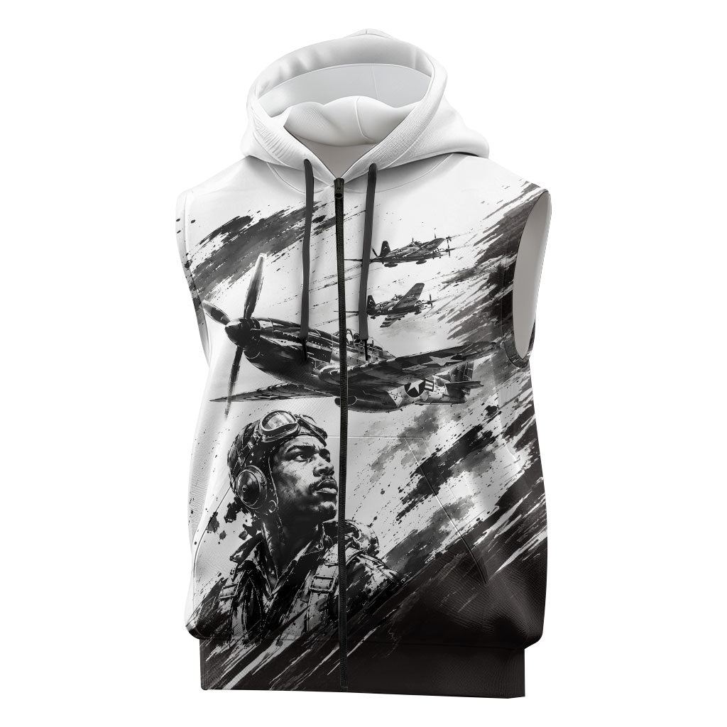 Personalized Tuskegee Airmen Sleeveless Zip Hoodie Black And White Grunge WWII Aviation Art