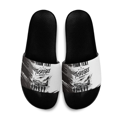 Personalized Tuskegee Airmen Slide Sandals Black And White Grunge WWII Aviation Art