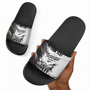 Personalized Tuskegee Airmen Slide Sandals Black And White Grunge WWII Aviation Art