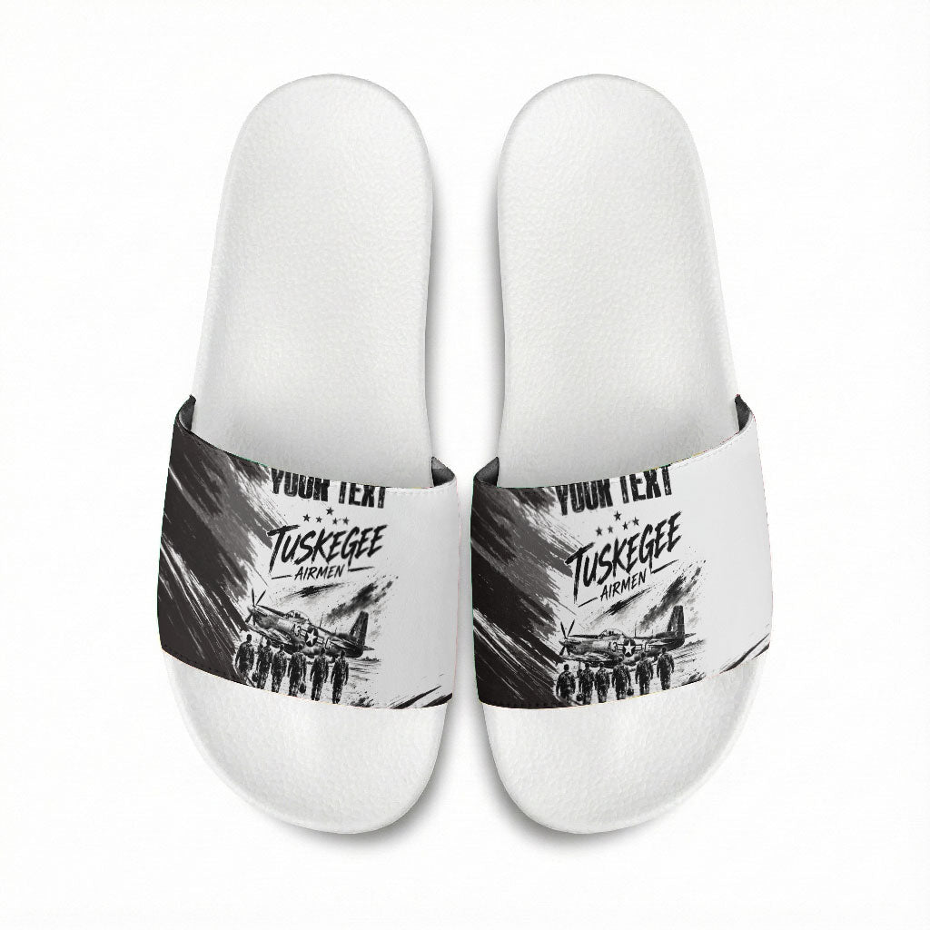 Personalized Tuskegee Airmen Slide Sandals Black And White Grunge WWII Aviation Art