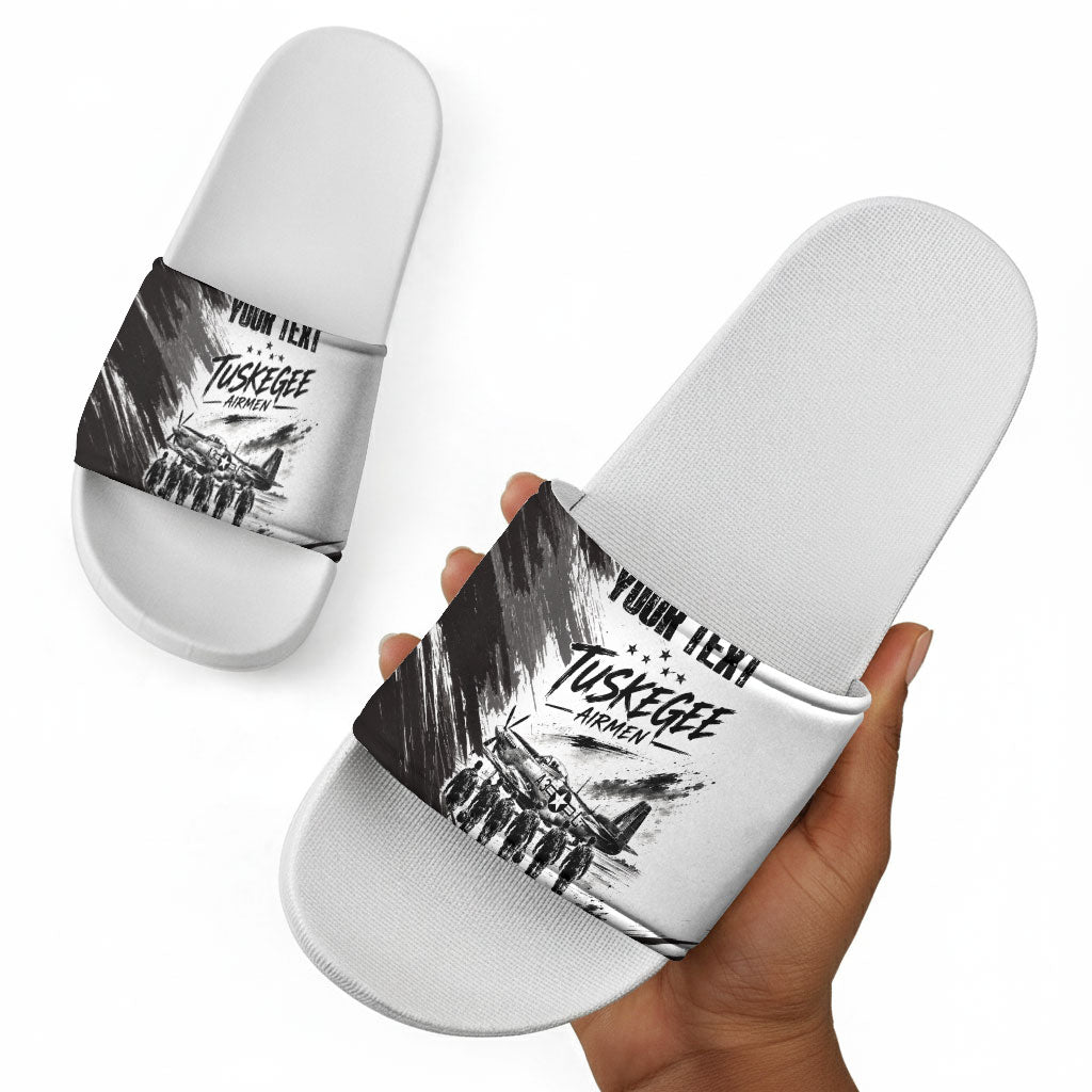 Personalized Tuskegee Airmen Slide Sandals Black And White Grunge WWII Aviation Art