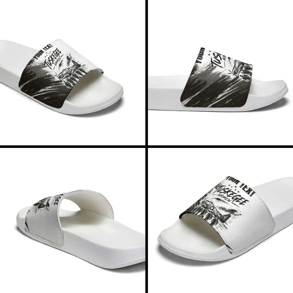 Personalized Tuskegee Airmen Slide Sandals Black And White Grunge WWII Aviation Art