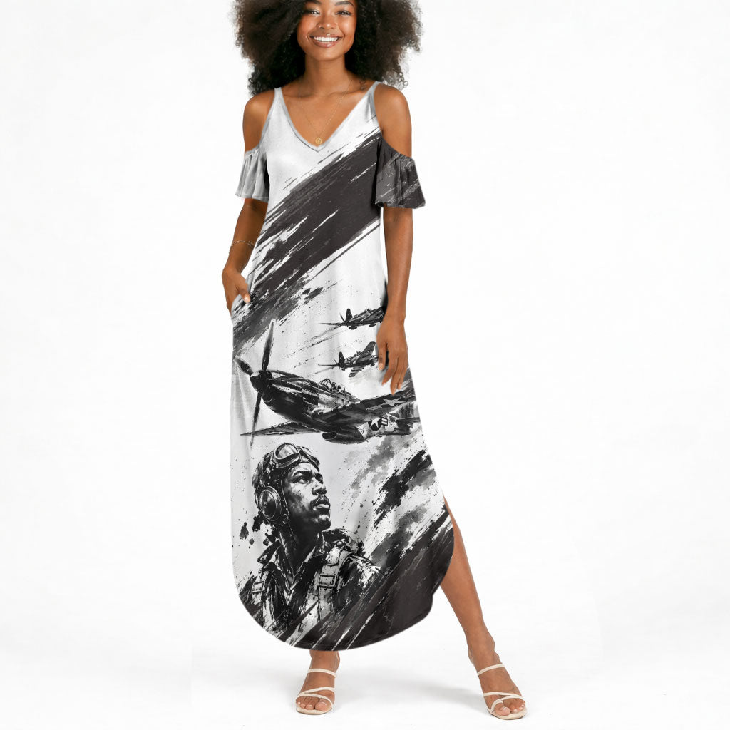 Personalized Tuskegee Airmen Summer Maxi Dress Black And White Grunge WWII Aviation Art
