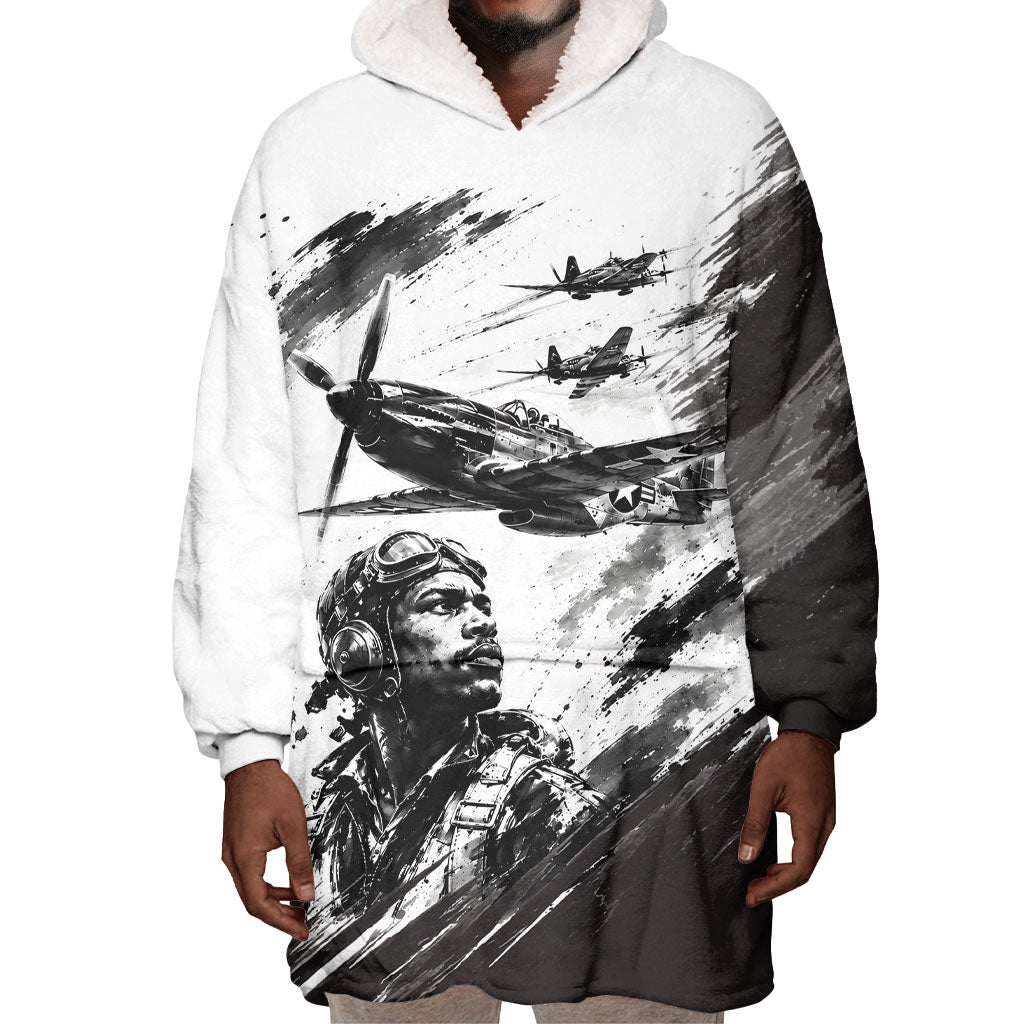Personalized Tuskegee Airmen Wearable Blanket Hoodie Black And White Grunge WWII Aviation Art