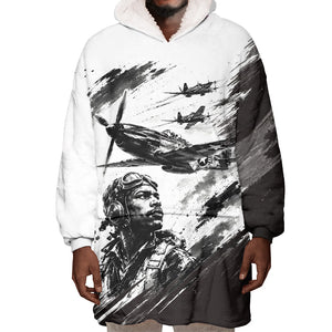 Personalized Tuskegee Airmen Wearable Blanket Hoodie Black And White Grunge WWII Aviation Art