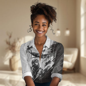 Personalized Tuskegee Airmen Women Casual Shirt Black And White Grunge WWII Aviation Art