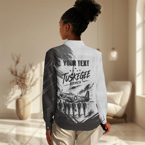 Personalized Tuskegee Airmen Women Casual Shirt Black And White Grunge WWII Aviation Art