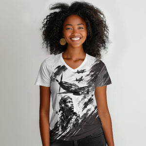 Personalized Tuskegee Airmen Women V-Neck T-Shirt Black And White Grunge WWII Aviation Art