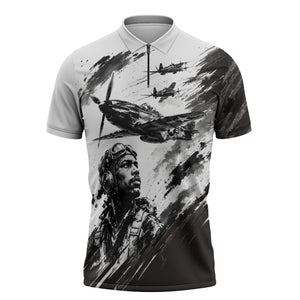 Personalized Tuskegee Airmen Zipper Polo Shirt Black And White Grunge WWII Aviation Art
