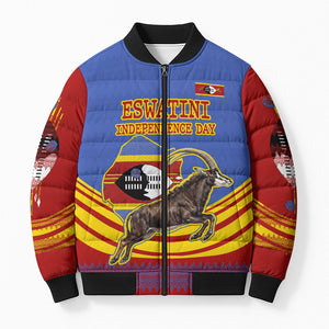 Eswatini Independence Day Bomber Puffer Jacket Sable Antelope - Aloe Succulent - Flag Shield