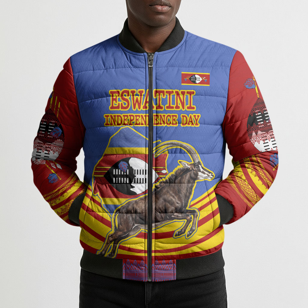 Eswatini Independence Day Bomber Puffer Jacket Sable Antelope - Aloe Succulent - Flag Shield