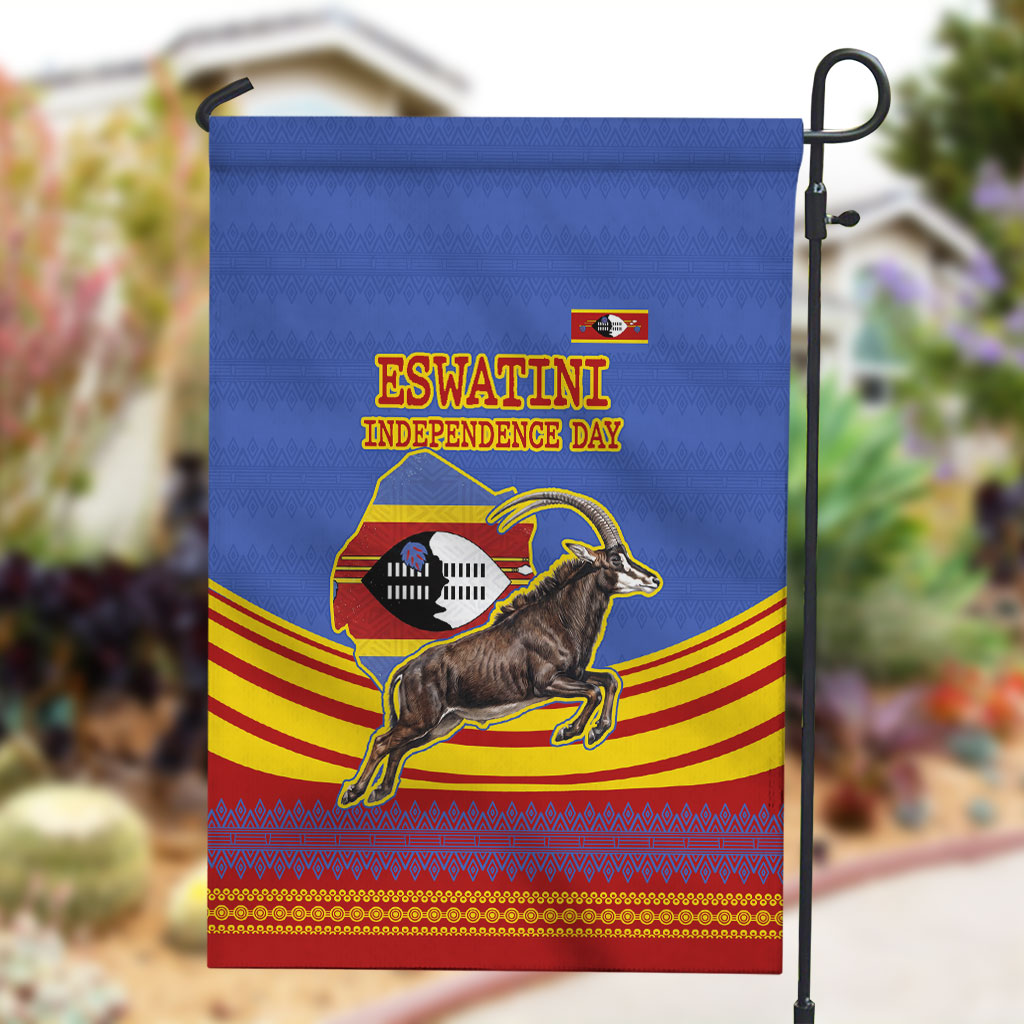 Eswatini Independence Day Garden Flag Sable Antelope - Aloe Succulent - Flag Shield