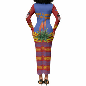 Eswatini Independence Day Long Sleeve Bodycon Dress Sable Antelope - Aloe Succulent - Flag Shield