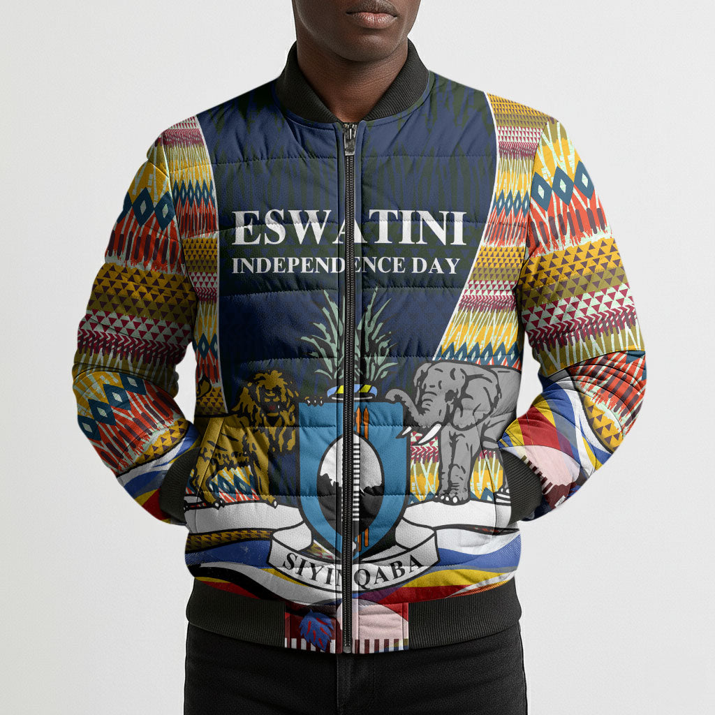 Eswatini Independence Day Bomber Puffer Jacket Freedom Pride - Lion Elephant - Strelitzia Flowers