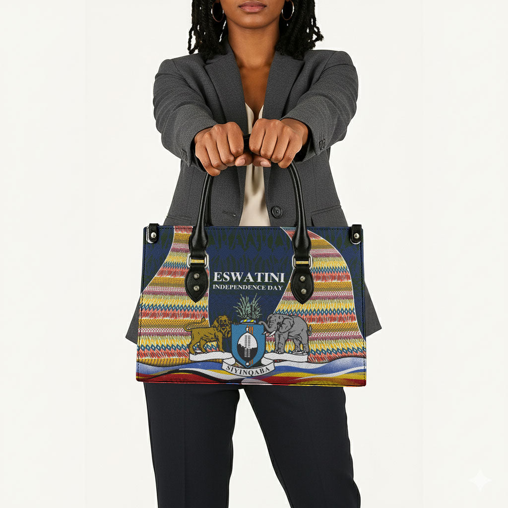 Eswatini Independence Day Leather Bag Freedom Pride - Lion Elephant - Strelitzia Flowers
