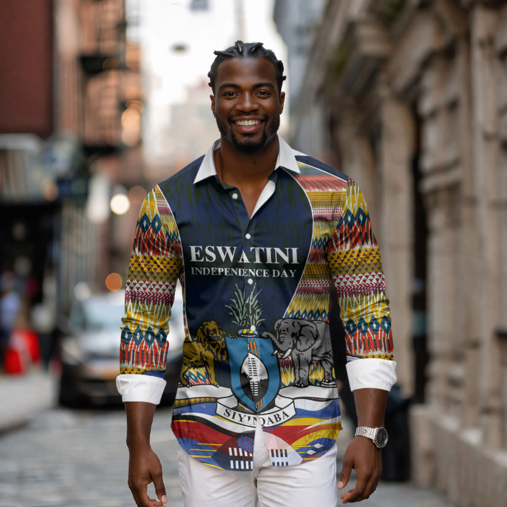 Eswatini Independence Day Long Sleeve Button Shirt Freedom Pride - Lion Elephant - Strelitzia Flowers