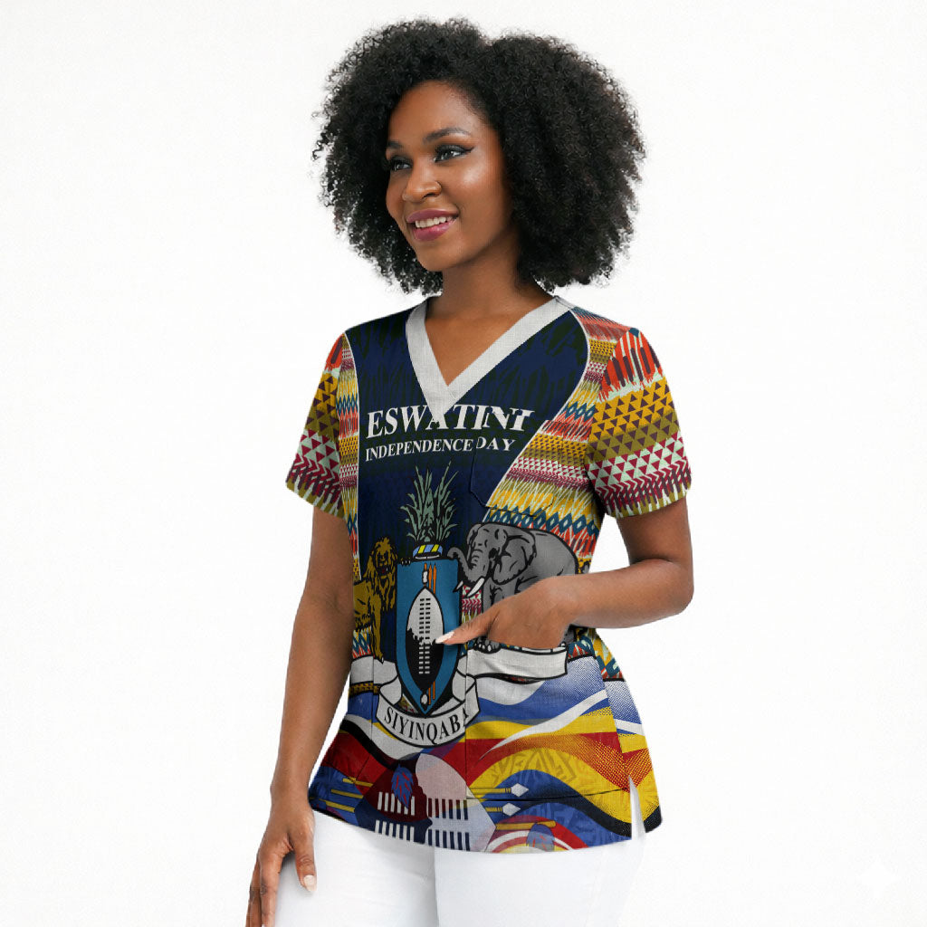 Eswatini Independence Day Scrub Top Freedom Pride - Lion Elephant - Strelitzia Flowers