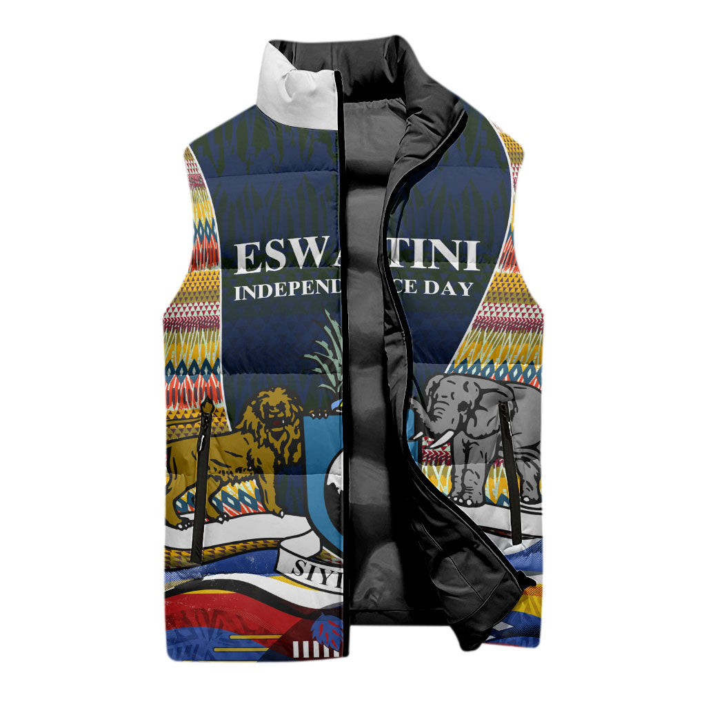 Eswatini Independence Day Sleeveless Puffer Jacket Freedom Pride - Lion Elephant - Strelitzia Flowers