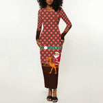 Morocco Christmas Long Sleeve Bodycon Dress Santa Claus Camel Caravan Desert Scene - African Pride