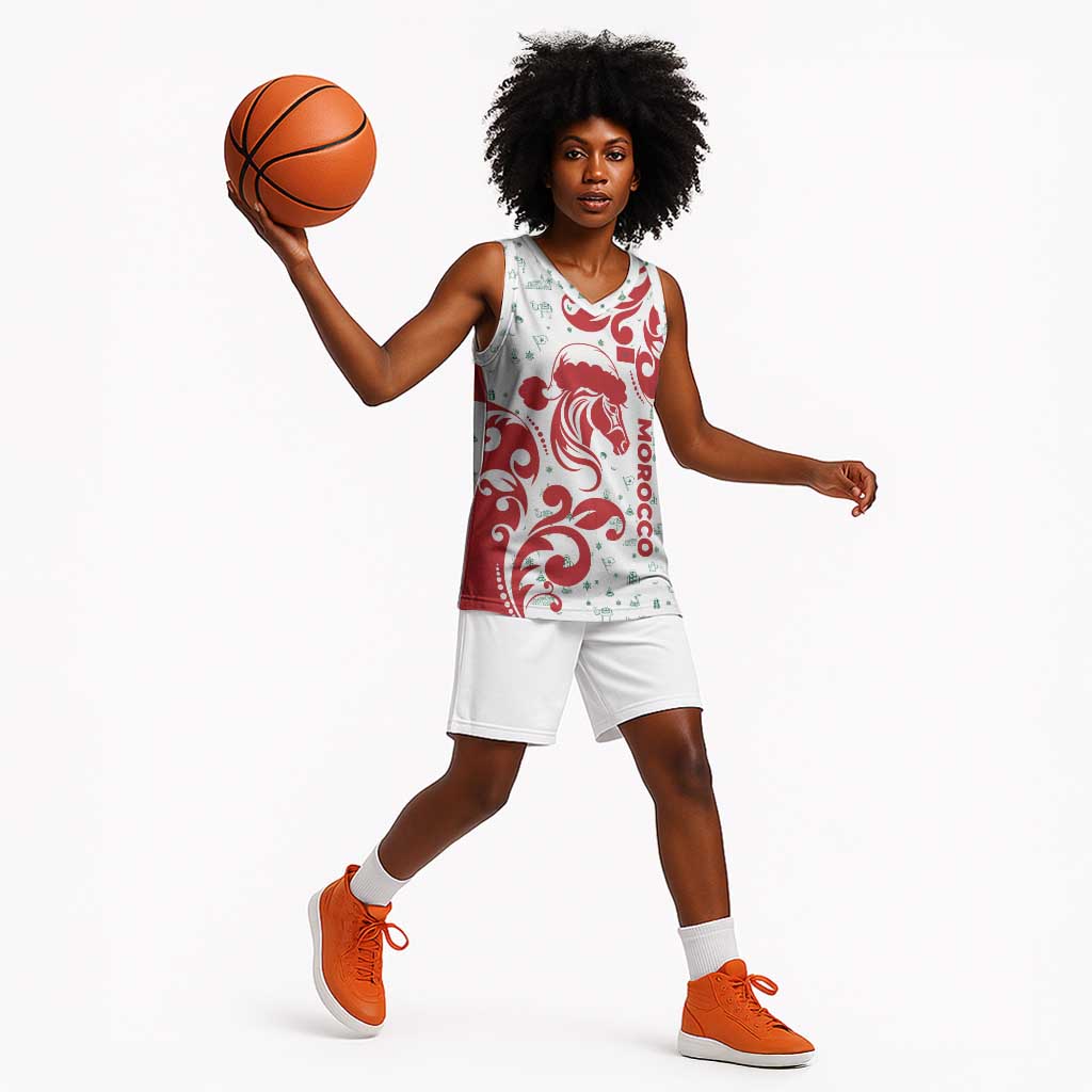Morocco Christmas Basketball Jersey Red Horse Santa Hat Arabesque Pattern a TS04