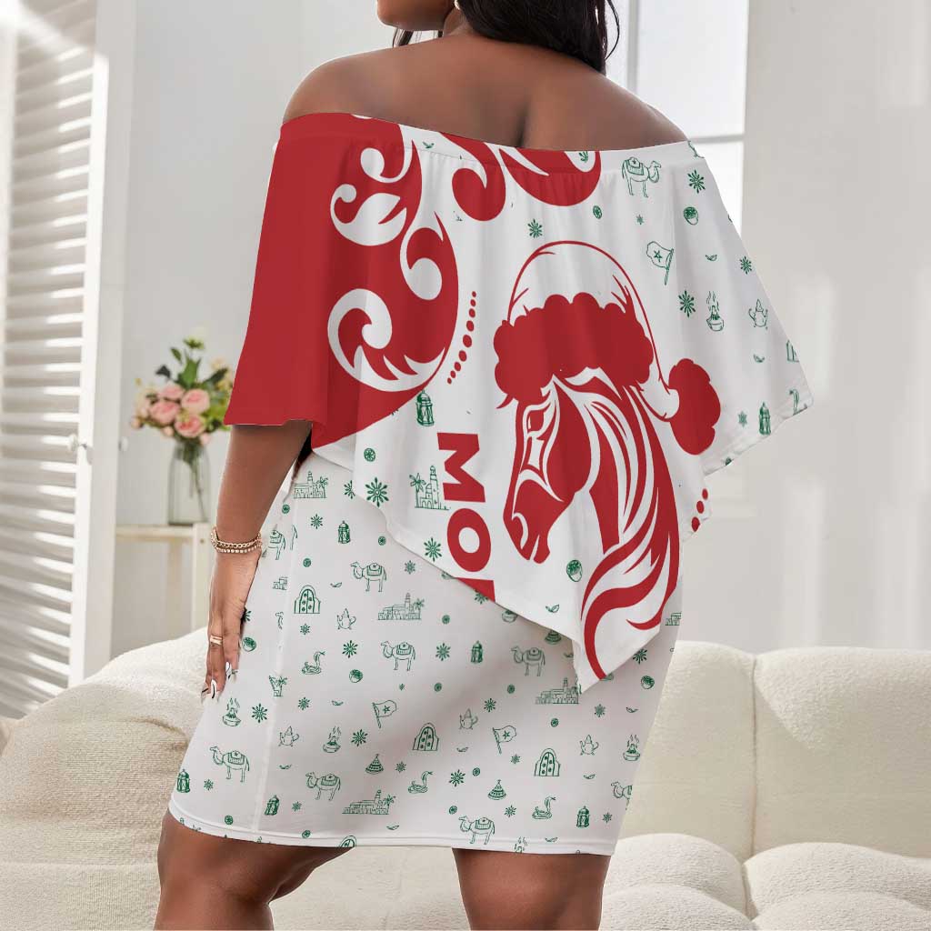 Morocco Christmas Off Shoulder Short Dress Red Horse Santa Hat Arabesque Pattern a - African Pride